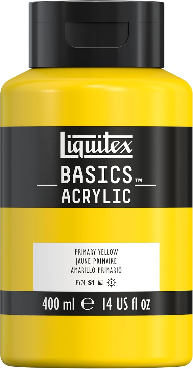 Liquitex BASICS Acrylic Paint, 13.5-oz Bottle, Primary Yellow | Medium Viscosity, Satin Finish, Lightfast, Fine Art Pigments, Range of Opacities, Easy Blending