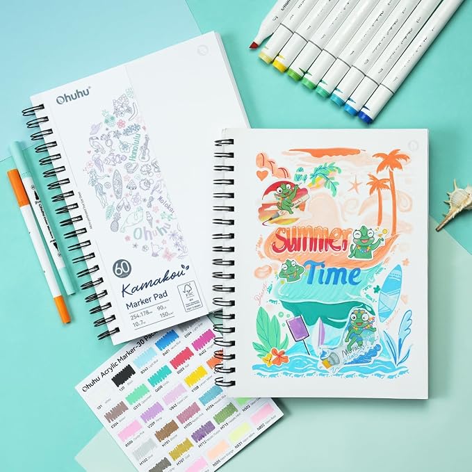 Ohuhu 7"x10" Double-Sided Bleedproof Marker Pad Art Sketchbook 60 Sheets | Large Sketch Book - 90 LB/150 GSM Smooth Drawing Paper - 60 Sheets/120 Pages - Spiral-Bound Sketch Pad for Alcohol Markers