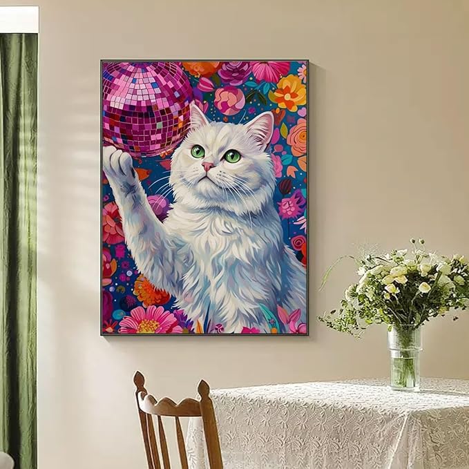 Dorwendis Diamond Art Kits for Adults, Cat Diamond Art Disco Ball 5D Diamond Painting Kits for Adults, DIY Round Full Drill Gem Art for Home Wall Decor&Gift 12x16 Inch(Cat)