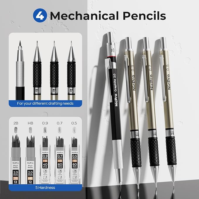 Nicpro 30PCS Professional Drafting Tools & Geometry Set with Case | Architect Protractor Set, Metal Mechanical Pencil Pen, Scale Metal Ruler, 5 Drawing Templates for Interior Design House Plan
