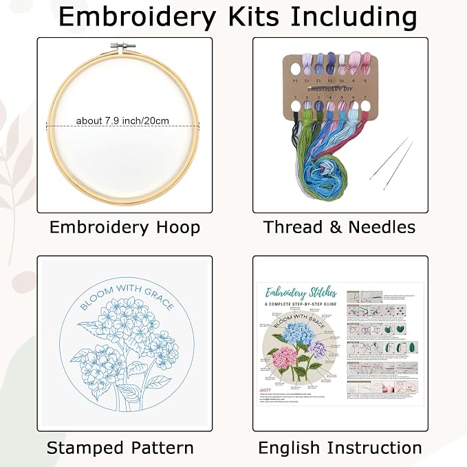 Nuberlic Hydrangea Embroidery Kits for Beginner Adults | Cross Stitch Kit with Stamped Pattern Include Cloth Hoops Threads Needles,Needlepoint Kits