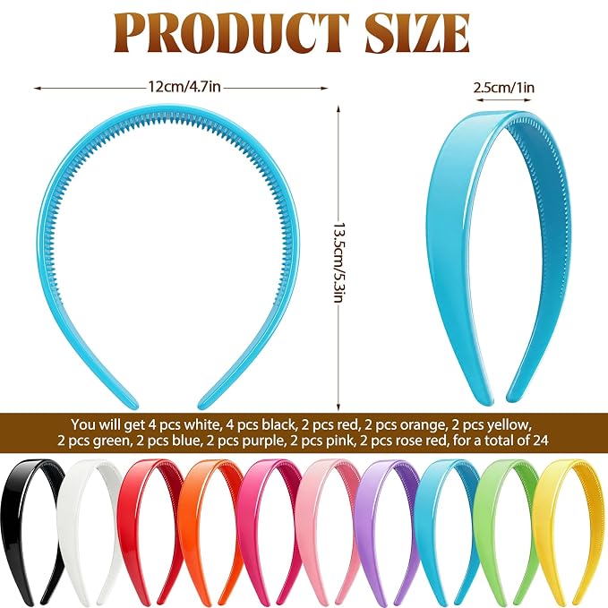 VOKOY 24 PCS Plastic Headbands, 1 Inch Wide No Teeth Hair Bands for Girls & Women, Blank DIY Plain Headbands for Crafts, Multicolor
