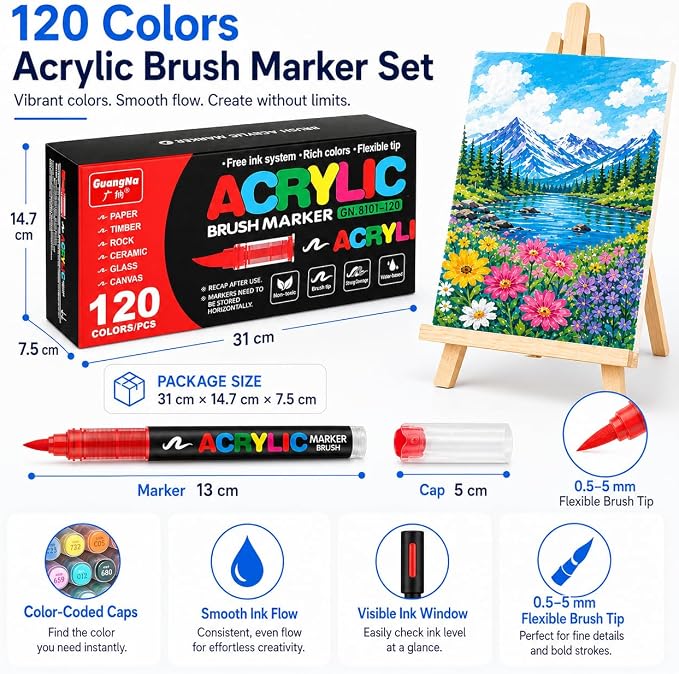 Amamao 120 Colors Soft Brush Tip Acrylic Paint Markers for Wood Rock Canvas