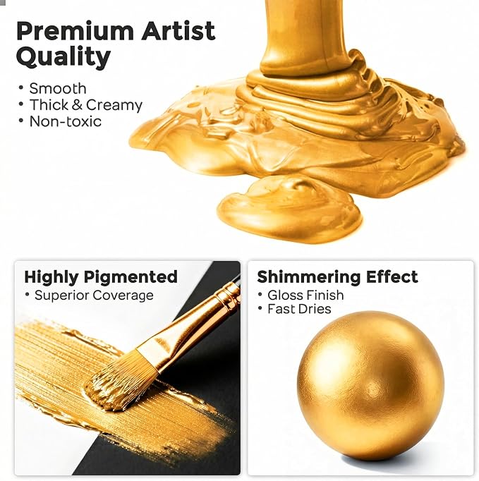 Nicpro Metallic Gold Acrylic Paint, 69oz/2040ml Large Gold Leaf Paint | Non Toxic, Non Fading Craft Paints for Metal, Wood, Clay, Fabric, Canvas, Furniture, Handcrafts, Art Supplies
