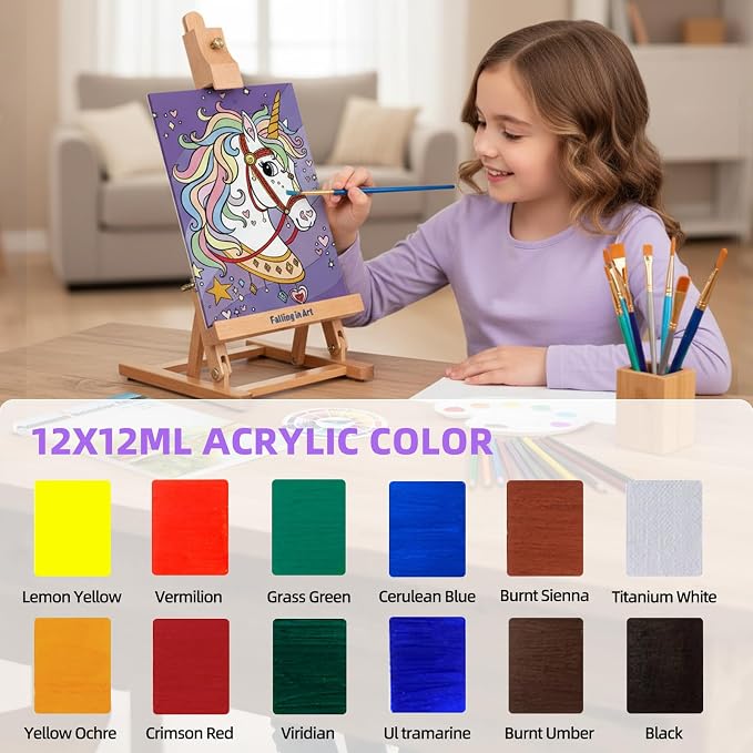 Falling in Art 46 Pcs Kids Acrylic Painting Set with Table Easel, Purple | Art Painting Kit with Paints, Canvas, Paintbrushes, Canvas Supplies Kit for Kids, Adults, Beginners, and Artists