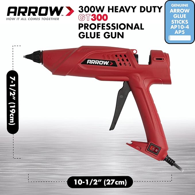 Arrow Fastener 300-Watt Heavy Duty Professional Electric Hot Melt Glue Gun for Crafts, Construction, and Wood, Clear