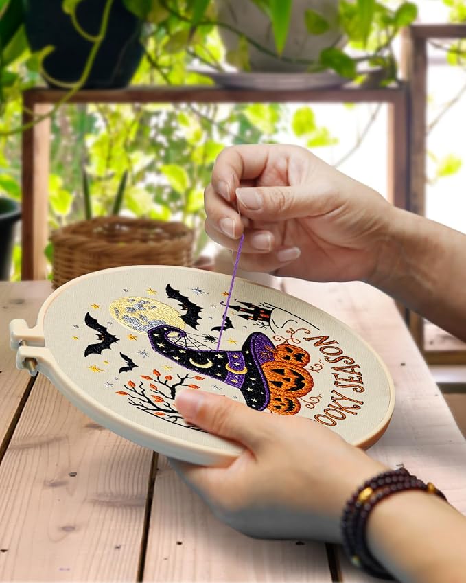 TINDTOP Halloween Embroidery Kit for Adult, Embroidery DIY Starter Kit, with Stamped Patterns, Hoop, Tools, Colorful Threads with Needles, Instructions (Halloween A)