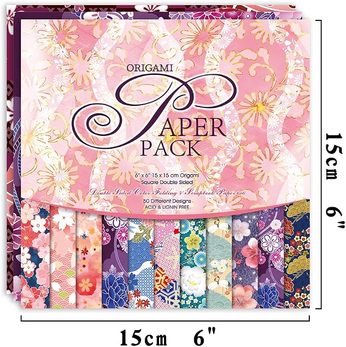 Origami Paper 50 Sheets, 6-Inch Square Double Sided Colored Craft Paper | 70GSM colorful paper,50 Vivid Pattern Origami Kit,DIY Hand Crafts,Arts Creativity,Easy to Fold,No-Fading.Japanese Sakuras