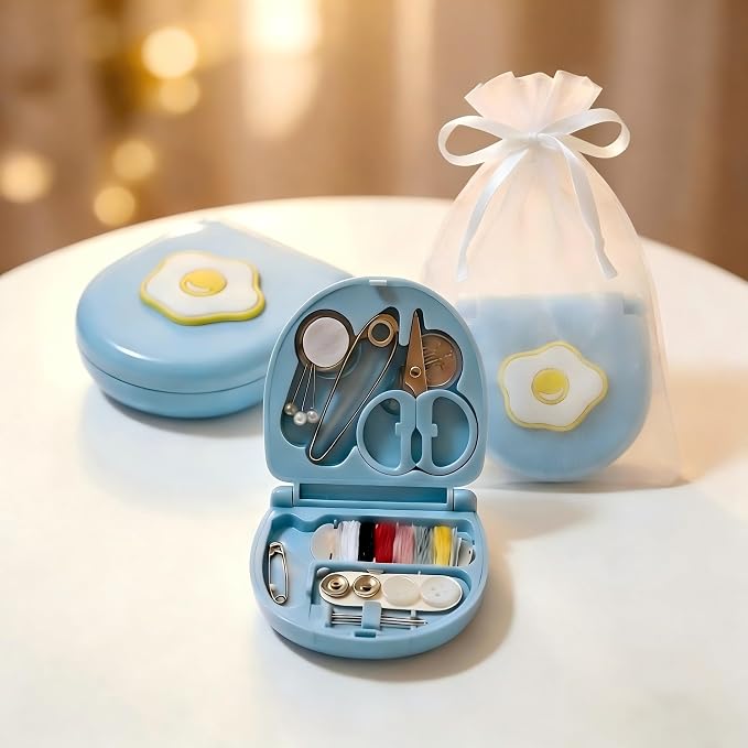 2 Pack Mini Travel Sewing Kit, Portable Emergency Sewing Box with Scissors, Needles, Threads, Compact Clothing Repair Set for Travel, Purse, Office, College Dorm(3D Fried Egg Yellow)