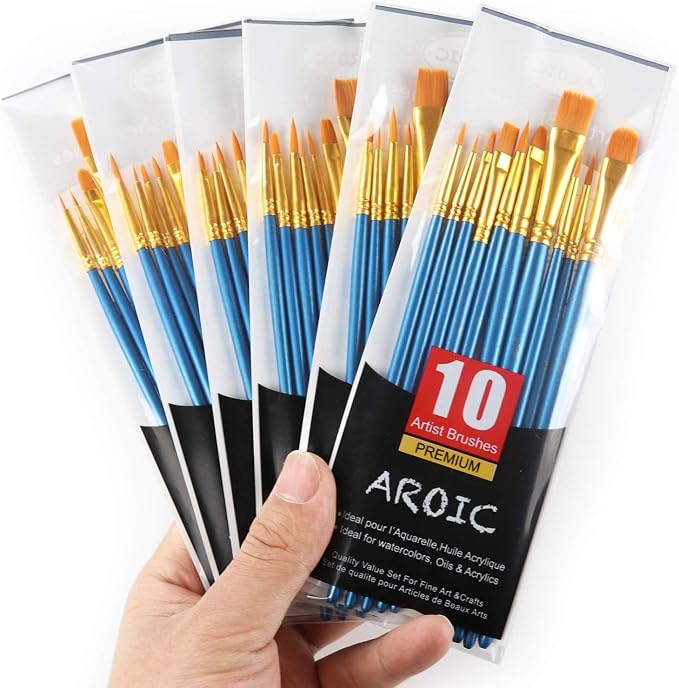 AROIC 60 Pcs Paint Brushes, Acrylic Paint Brush Set for Oil & Watercolor | Professional Nylon Hair Wooden Handle Artist Painting Kit, Bulk Art Drawing Supplies for Adults, Beginners & Kids (6 Packs)