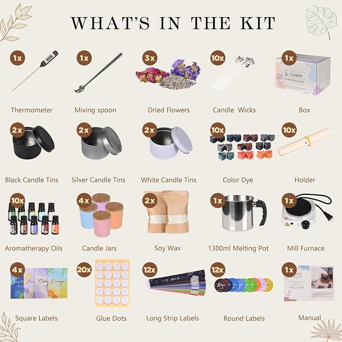 SHOWIN Candle Making Kit, DIY Candle Making Supplies for Adults, Starter Soy Wax Candle Kit with Wax Melter, Jars & Tins, Scented Home Decoration