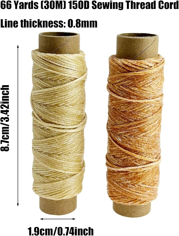 2 PCS Leather Sewing Waxed Thread, Each of 33 Yards 150D Sewing Thread Cord for Leather Craft DIY Supplies, Shoes Repairing, Light Coffee and Natural