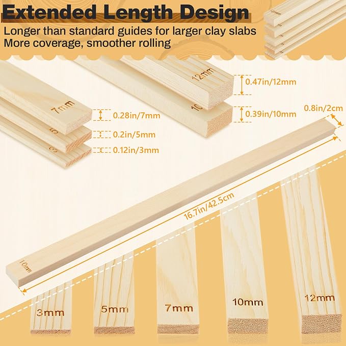 Sasylvia 10 Pcs Clay Pottery Rolling Pin Guides,5 Size Lengthen,Wood Color | Wooden, Teaching Rolling Mud Stick Guide, Polymer Clay Depth Thickness Guide, Pottery Mudboard Tool