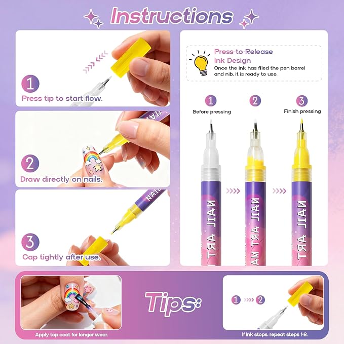 dabria Nail Art Pens for Painting Nails 12 Colors Nail Art Markers Set with 0.5 mm Fine Tip, Instructions Included, Nail Doodle Pens for Girls Kids Women (Standard)