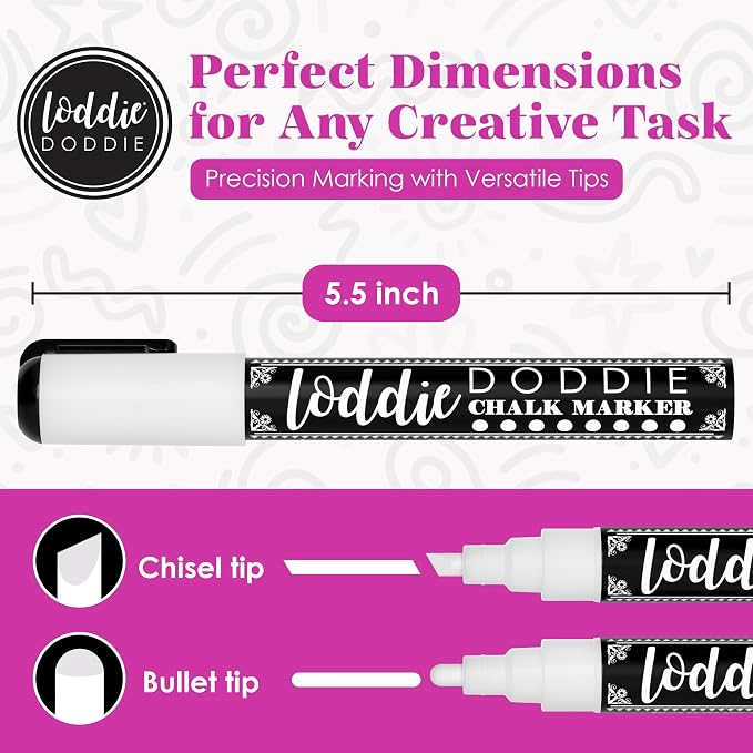 Loddie Doddie Liquid Chalk Markers, Chalk Markers for Glass, White, 4 Pack | Chalk Markers for Blackboard, Glass, Mirror, Window & Car Window Use, Reversible Bullet & Chisel Tip, Non Toxic, Odor Free