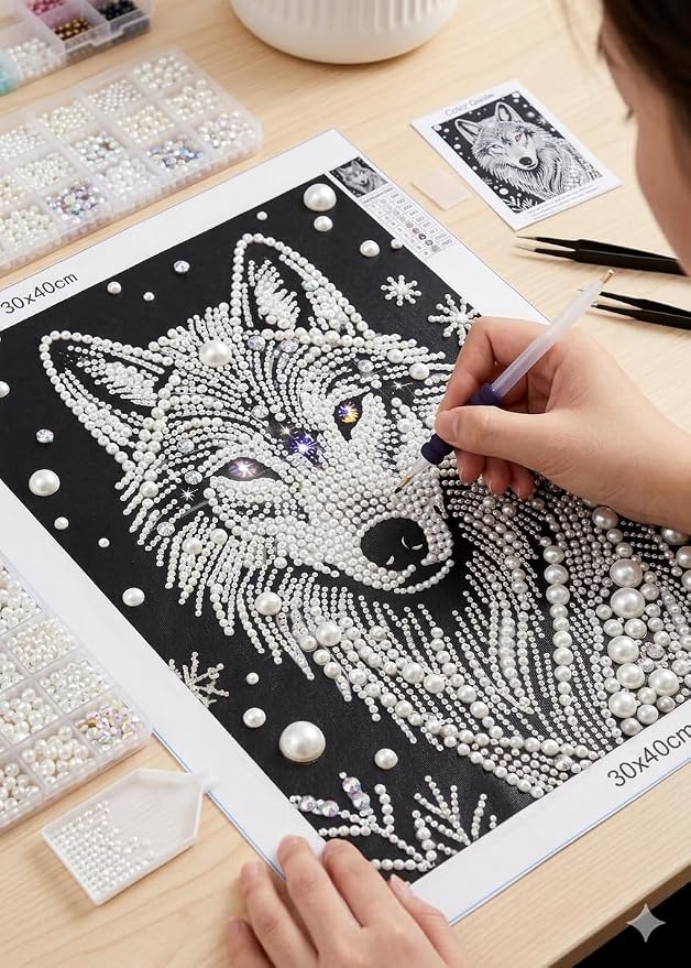 Morudeor 5D Diamond Art Pearl Painting Kits for Adults,Special Shape Diamond Art Kits for Wolf Head, DIY Plastic Pearl Painting Kit for Home Decor 12 × 16 inch