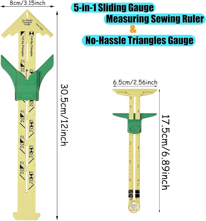 YEQIN 2 Pieces Handy 5-in-1 Sliding Gauge and No-Hassle Triangles GaugeSewing Measuring Tools, Plastic T Gauge Hem Gauge for Sewing Quilting. 2 Different Size
