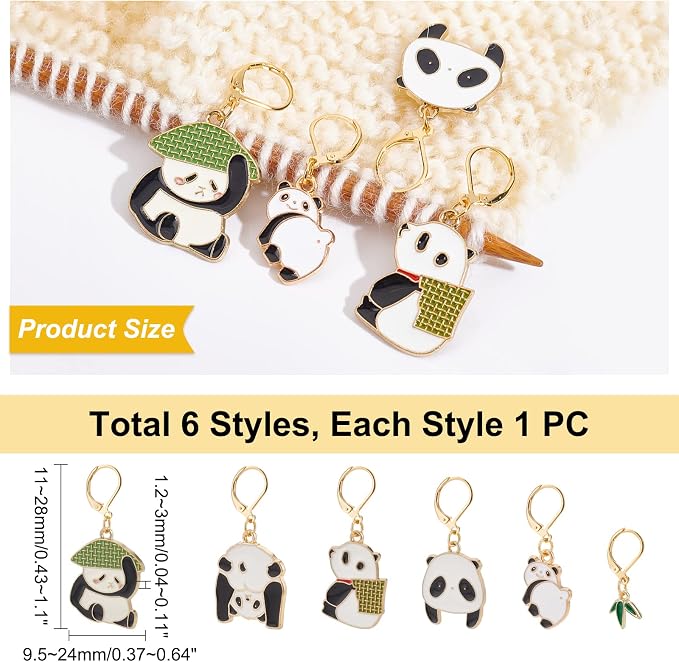 NBEADS 6 Pcs Panda Charm Stitch Markers, 6 Styles Alloy Enamel Crochet Stitch Marker Charms Removable Lobster Clasp Locking for Knitting Weaving Sewing Accessories Handmade Jewelry