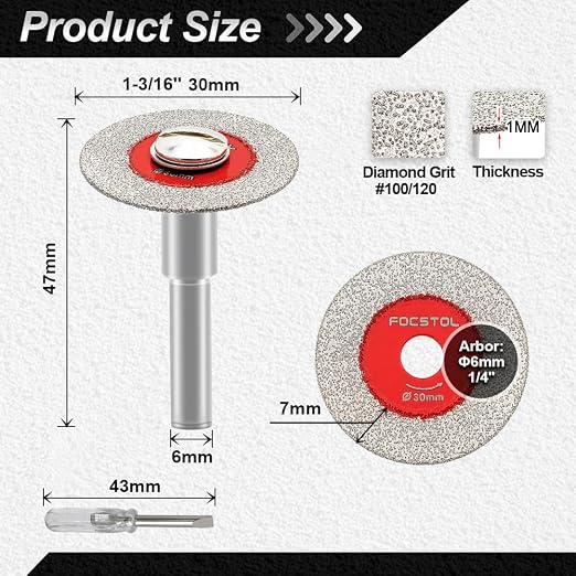 Mini Diamond Glass Cutting Disc - FOCSTOL 5pcs 1-3/16 Inch(30mm) Saw Blade and 1pc 1/4 Inch(6mm) Round Shank for Glass Jade Marble Granite Artificial Stone Porcelain Tile Ceramic