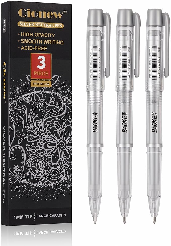 Qionew Silver Gel Pens, 3 Pack, Silver Gel Ink Pen Set for Art Highlight