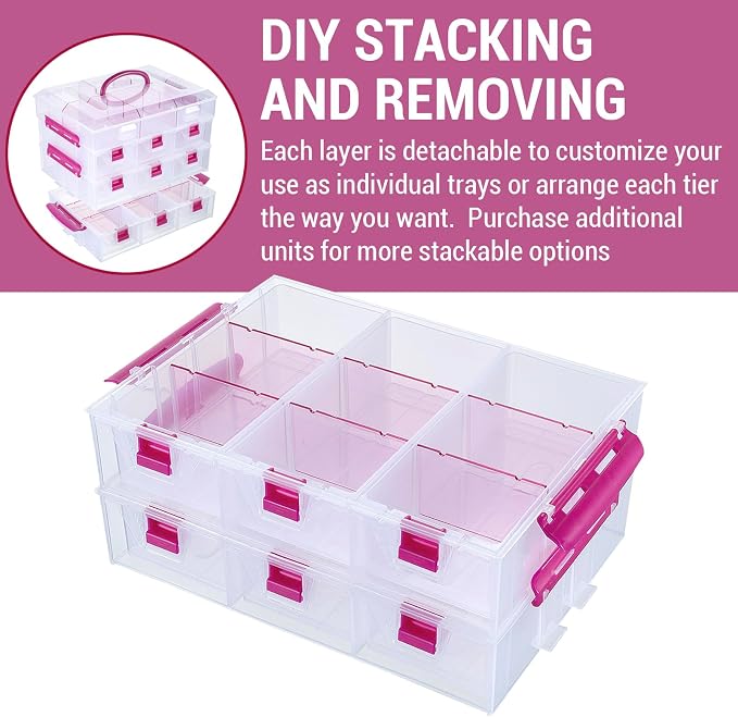MyGift Stackable Single Tray Add-On for 11-Inch Clear Arts & Crafts Container, 9-Compartment Sewing Supplies Organizer with Removable Dividers for Craft Storage, Includes 3 Drawers