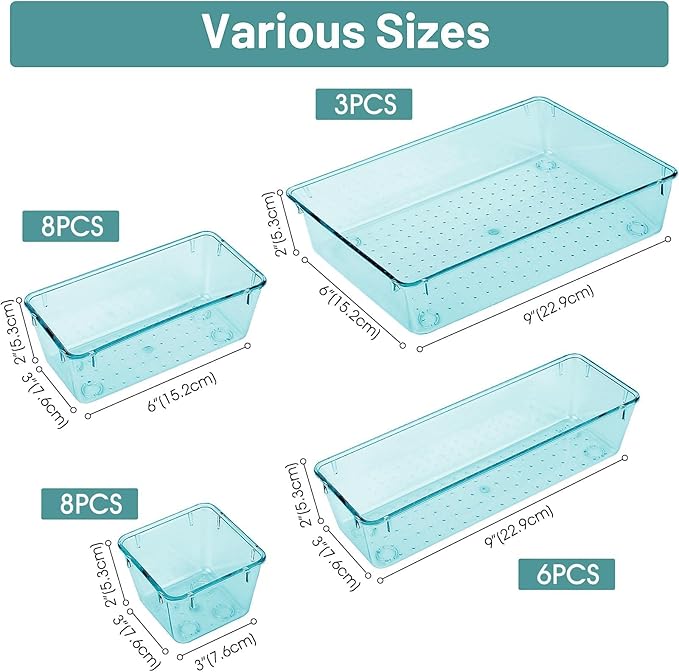 25 PCS Clear Plastic Drawer Organizer, Makeup Organizers and Storage Bins | 4 Sizes Desk Drawer Divider Organizers and Storage Bins for Jewelry, Gadgets for Kitchen, Bedroom, Bathroom, Office,Sea Blue
