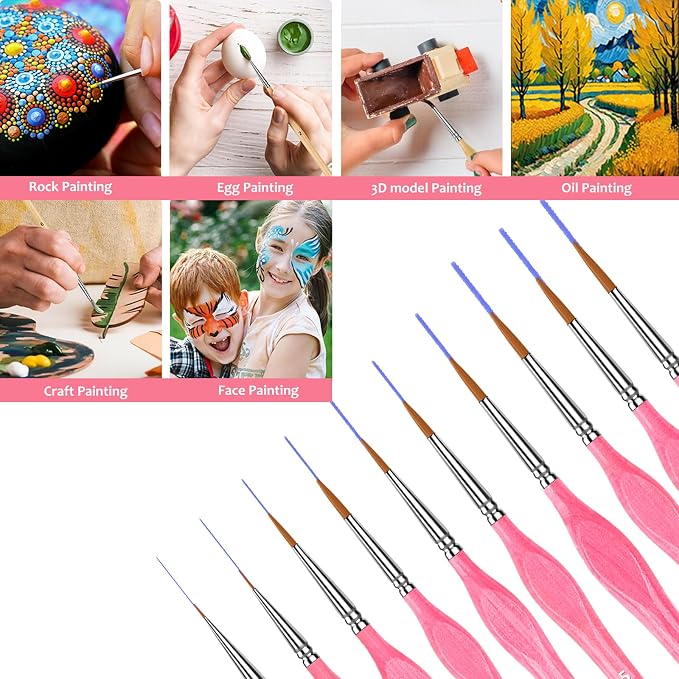 10Pcs Miniature Detail Paint Brushes Triangular Wood Handle Set | Tiny tips for acrylic, oil & watercolor, for paint-by-number, models, figurines, face paint, crafts & adult drawing, Pink