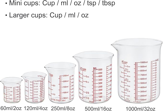 Ackers High Borosilicate Glass Measuring Cup Set with Pour Spout,60ml(2OZ),120ml(4OZ), 250ml(8OZ), 500ml(16OZ), 1000ml(32OZ) Glass Measuring Beaker for Kitchen or Restaurant, Easy to Read