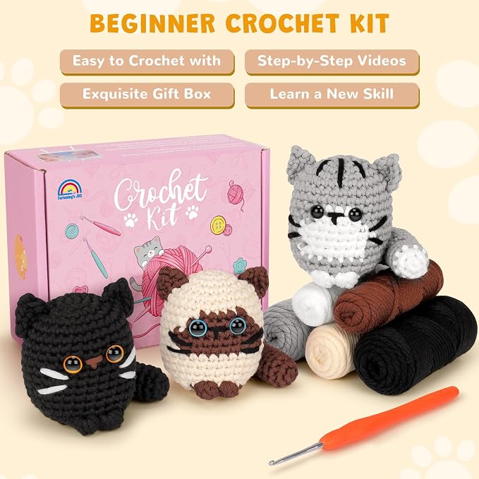 Crochet Kit for Beginners, Cat Crochet Kit for Adults Beginner | Complete DIY Crochet Starter Kit with Step-by-Step Video Tutorials, Easy Knitting Kit Cat Crochet Gifts