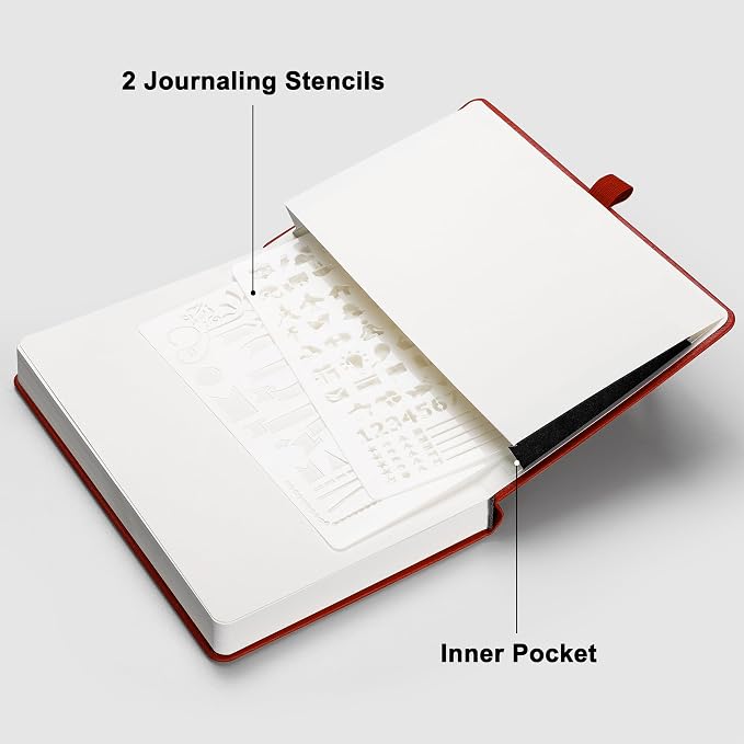RETTACY Dotted Journal Notebook, 192 Pages, A5 Medium Size (5.7'' x 8.3'') | Leather Hardcover, 100 GSM Thick Paper, for Journaling, Planning, Tracking (Red)