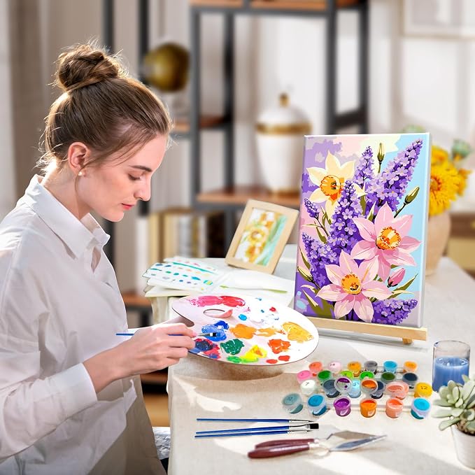 HeeBenor 4 Pack Flowers Paint by Numbers Kit for Adults Framed Canvas