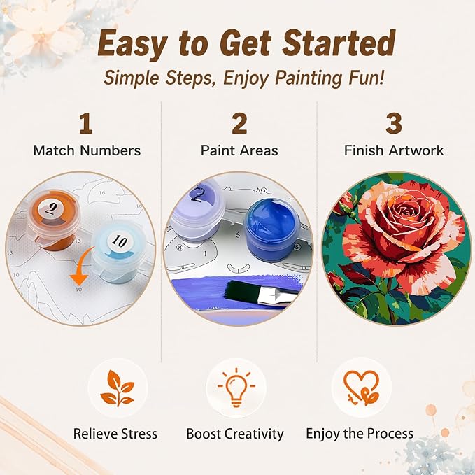 AUKELHJ Framed Paint by Numbers Kit for Adults, Rose, 10x10 inch