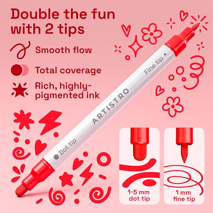 ARTISTRO Red Tones Dual-Tip Acrylic Paint Marker Pens - Set of 5 | For Fabric, Rock, Glass, Wood, & Coloring Books, Arts & Crafts Gift, Classroom Must Haves & School Supplies (Dot & Fine Tips)
