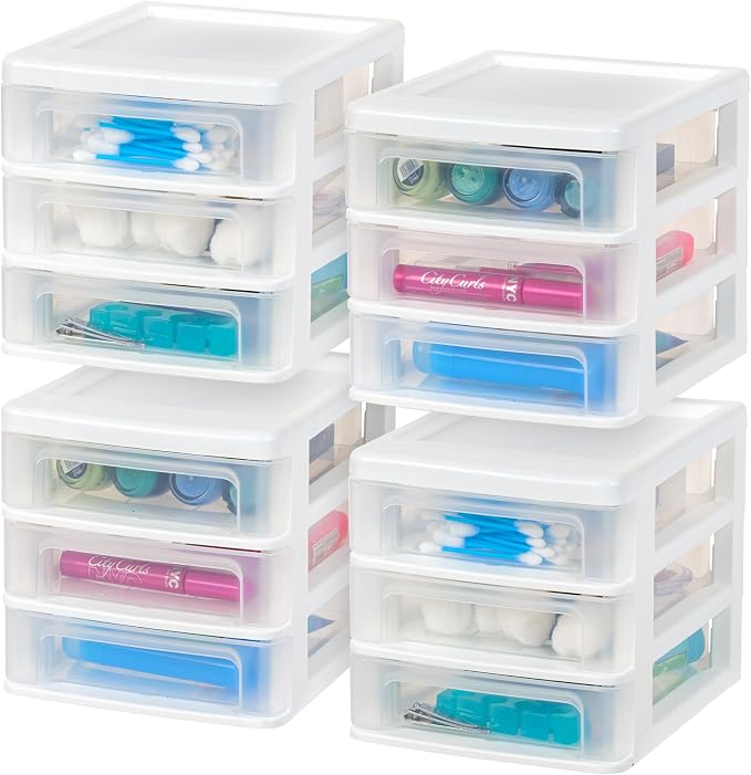IRIS USA 4-Pack 3-Drawer Small Desktop Organizer, Stackable, White