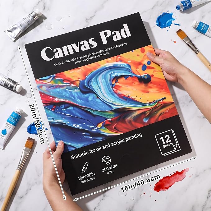 12 Sheets Canvas Paper Pad 16 x 20 in, 350 GSM, Glue Bound | Canvas-Textured Sheets, Single-Sided Glue Binding, for Acrylic, Oil, Gouache, Markers, Portable for Studio Or Travel