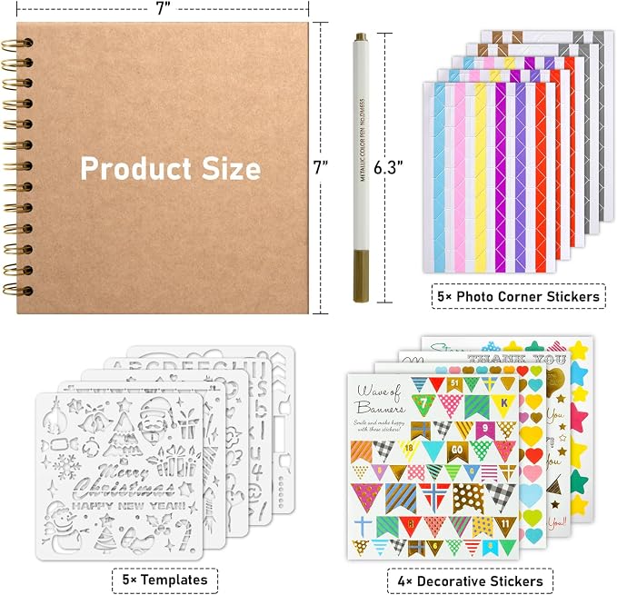 GOTIDEAL 7 x 7 Inch Scrapbook Album with Metallic Markers, Yellow, 40 Pages | Kraft Paper Photo Albums for Wedding & Anniversary, Family DIY Scrap Books with Scrapbooking Stickers Corners
