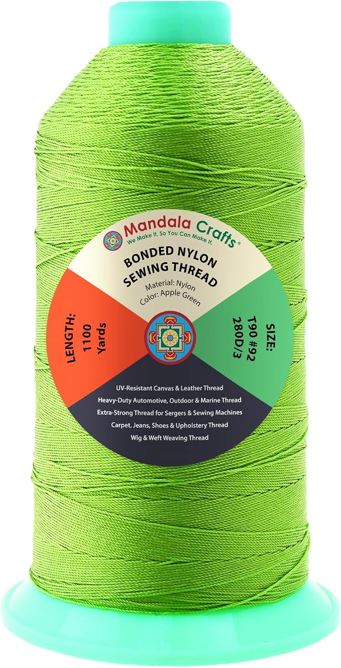 Mandala Crafts Size 92 280D T90 Apple Green Bonded Nylon Thread, 1100 YDs