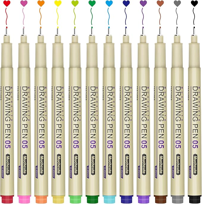 Muchcute 05 Micro Fineliner Drawing Art Pen,12 Colors 0.45mm No Bleed Bible | Waterproof Colored Fine liner Smooth Extra Fine Point, Journal Zentangle Study Supplies, Ultra Line Needle Tip Thin Gel Felt