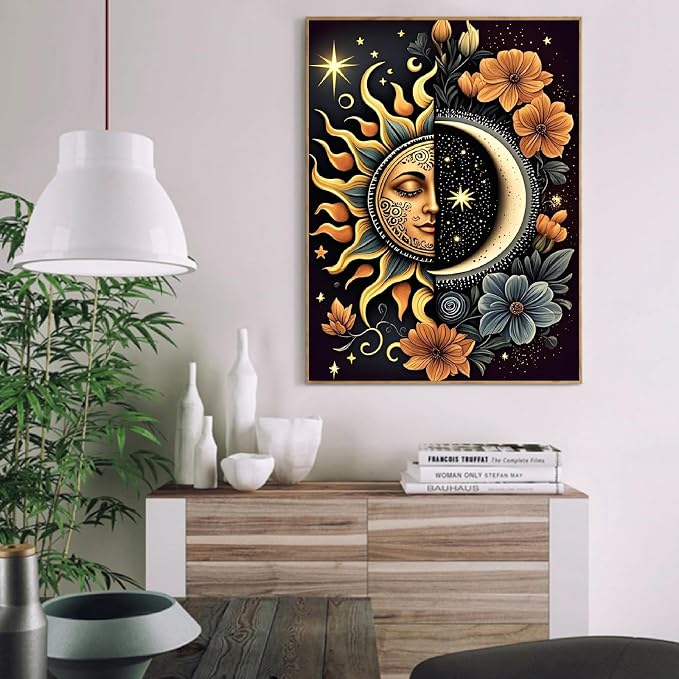 Celestial Body Paint by Numbers Kit for Adults Beginner with Framed,Sun and Moon Easy Adult Paint by Number Kits on Canvas DIY Painting for Beginners Art by Numbers for Home Wall Decor 10x12 Inch