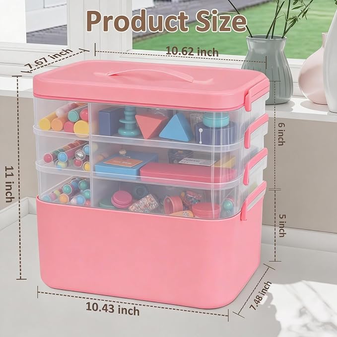 Gifhomfix 4-Layer Plastic Craft Organizers and Storage Box with Removable Trays, Storage Containers with lids and Handle, Art Supply Storage Organizer for Organizing Bead, Sewing, Tool（Pink）