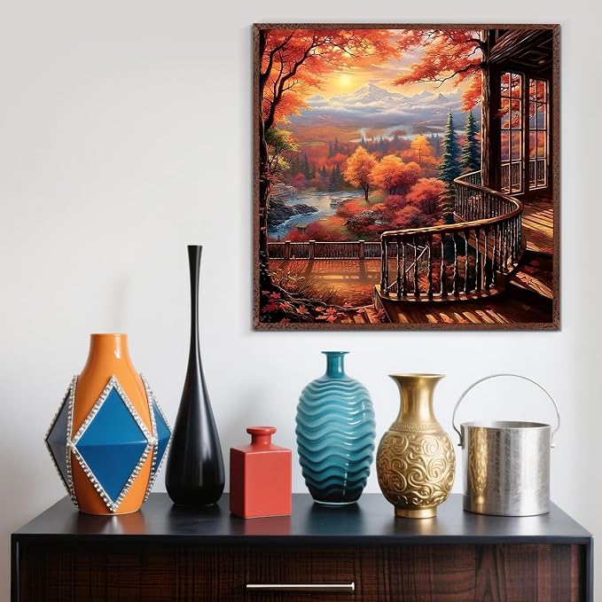 LKHMVCA Fall Forest Sunrise Mountain Paint by Numbers Kit for Adults, DIY Paint by Numbers Kits for Adults Beginners Without Frame, Acrylic Paint Canvas Painting Kits Art for Home Decor 16x16 Inch