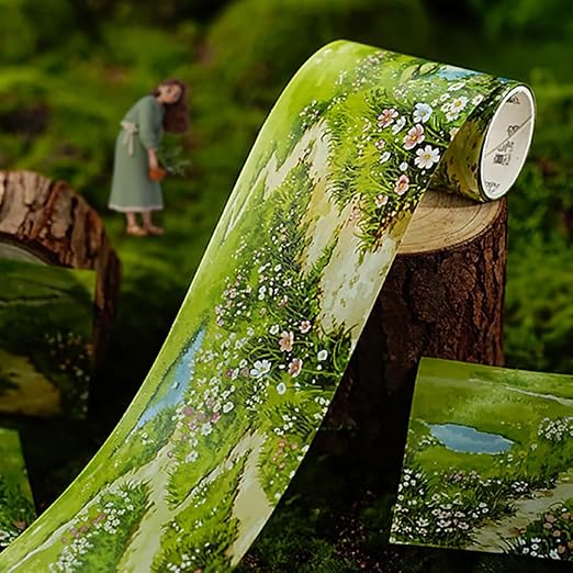 4 Rolls Grassland Lawn PET Tape Stickers for Journaling Scrapbook Washitape Flower Grass Pebble Path PET Washi Tape Set Green Plants Landscape Decorative Washi Tapes Scrapbooking Journal Supplies