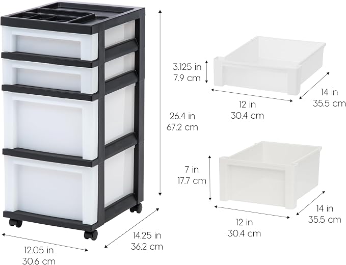 IRIS USA 4-Drawer Rolling Storage Cart with Organizer Top, Black/Pearl