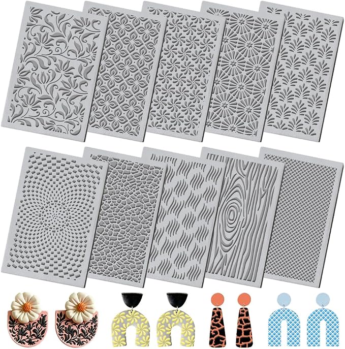 10PCS Polymer Clay Texture Sheets Boho Flower & Nature Texture Mixed Mat for Using with Clay Cutters Pottery Earrings Jewelry DIY Making