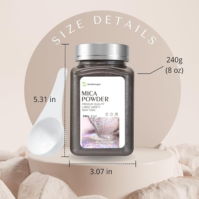 Mica Powder, Silver Grey, 240g with Scoop, Complies with ASTM D-4236 | For Epoxy Resin, Soap, Bath Bomb, Candle| Safety Material| Odorless| Brilliant Colors
