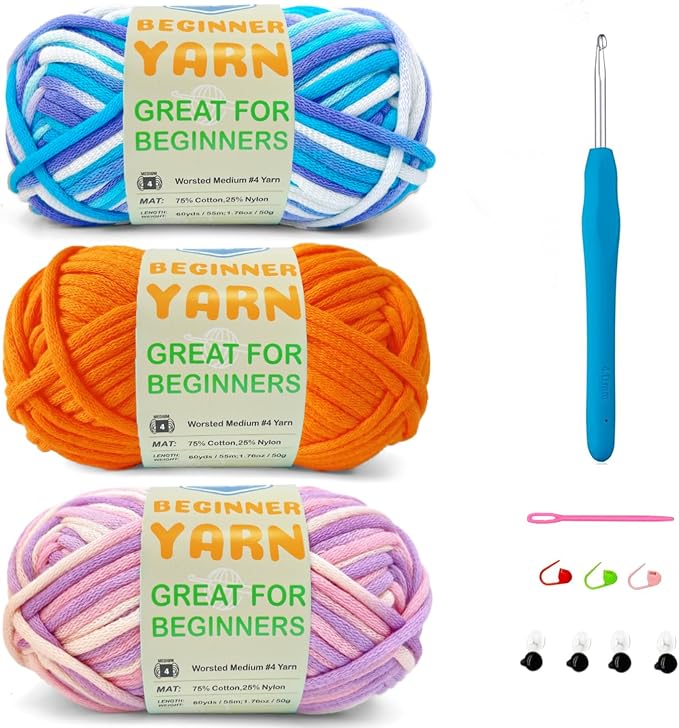 3 * 50g/1.76oz Yarn for Crocheting and Knitting, 3 * 60yds Beginner Yarn with Easy-to-See Stitches; Worsted-Weight Medium #4;Amigurumi-Friendly Crochet Kit(Lavender+Orange+Blue Sky)