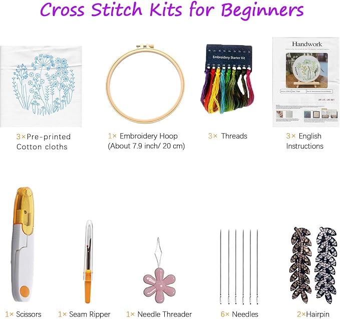 CHIYOSING Embroidery Kit for Beginners Adults, 3 Floral Pattern to Learn Over 30 Different Stitches,Includes Step-By-Step Instructions,Sharp Scissors and 2 Exquisite Hairpins and Multiple Accessories