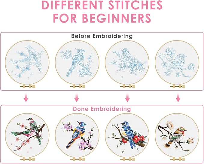 TINDTOP Embroidery Kit for Adults, Flowers and Bird Embroidery Practice Kits for Beginners Adults Include Embroidery Cloth Hoops Threads for Craft Lover Hand Stitch