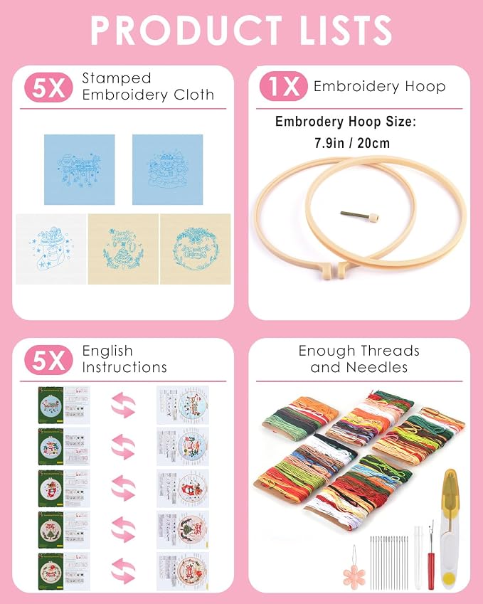 TINDTOP Christmas Embroidery Kit for Adult, 5 Pack Embroidery DIY Starter Kit, with Stamped Patterns, Hoop, Tools, Colorful Threads with Needles, Instructions | 5 Pack with Stamped Patterns, Hoop, Tools, Colorful Threads with Needles, Instructions