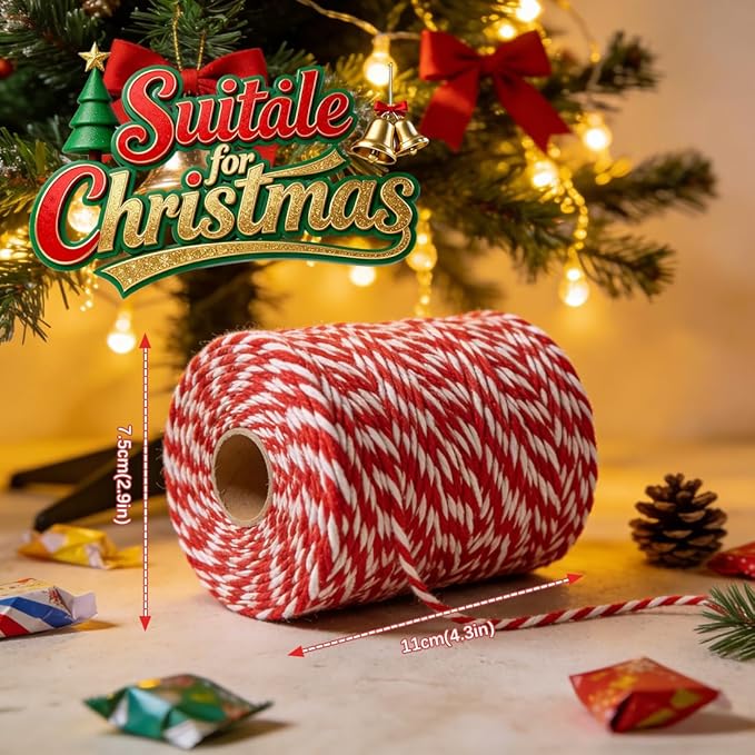 SMART&CASUAL Red and White Cotton Twine, 700 Feet Natural Bakers String for Cooking, Crafts, Gift Wrapping, Butchers, Christmas and Wedding Decor